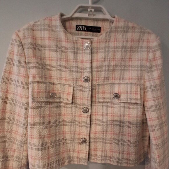Zara cropped blazer jacket womens Medium plaid boxy - Picture 3 of 5